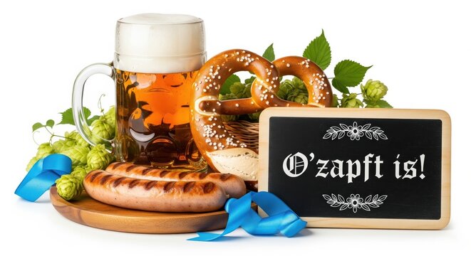 A traditional Oktoberfest spread featuring a beer mug, pretzels, sausages, and a chalkboard sign reading "O'zapft is!" (It's tapped!) surrounded by hops and blue ribbons.