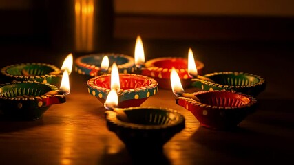 Group of Illuminated Oil Lamps in Various Colors on a Wooden Surface Displaying Festive Atmosphere with Selective Focus