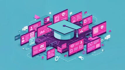 Digital concept illustration, blue and pink hues, modern education and e-learning with copy space