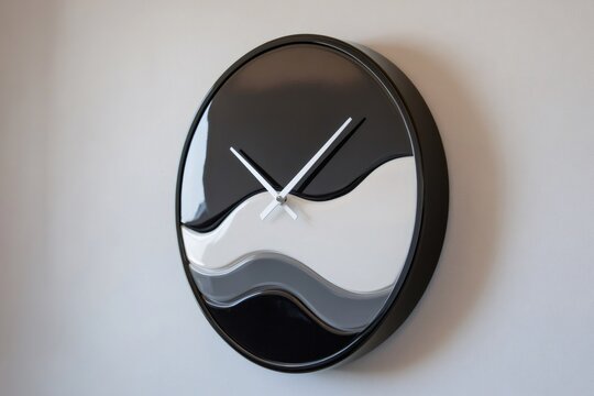 Close up of a modern black and white wall clock with a sleek, frameless design, adding a touch of contemporary style to a minimalist interior