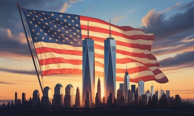 A solemn Patriot Day 9/11 tribute illustration, featuring the Twin Towers and the American flag over the city skyline at sunset.