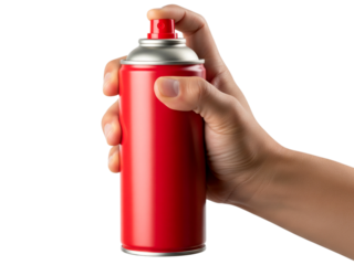 Hand holding red spray can isolated on white background, cut-out