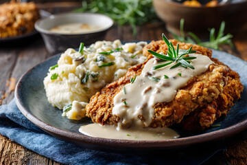 Golden chicken fried steak rests on a rustic plate with creamy mashed potatoes