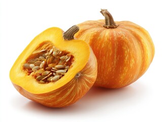 A halved and whole small orange pumpkin with visible seeds,  striped rind, and a stem, set against a stark white background