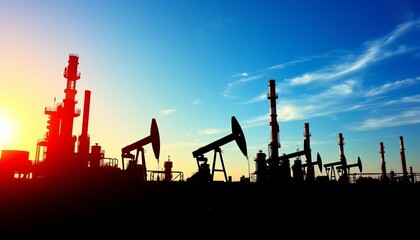 Oil refinery silhouettes against vibrant blue sky, clouds, sky