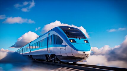 Modern high speed train moving on track through clouds and sky

