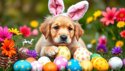 Golden retriever puppy with bunny ears playfully interacts with Easter eggs,  pet photography,  easter