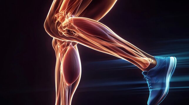 A close-up anatomical illustration highlighting the hamstring muscles in action during a dynamic sprint