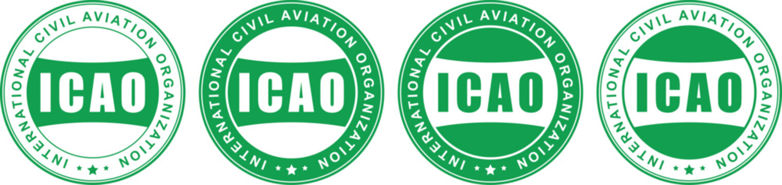 commission national de l'informatique et des libertes green icao badges with circular aviation organization labels in clean stamp design style	