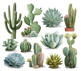 A vibrant collection of diverse cacti and succulents, showcasing various shapes, sizes, textures, and flowering stages, against a clean white background