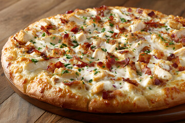 Delicious chicken bacon ranch pizza on wooden board ready to be served