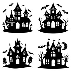Four spooky haunted houses with bats and moon in black silhouette for halloween celebration vector art