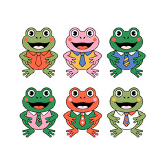 Frog Ensemble: A collection of six charming cartoon frogs each wearing a vibrant shirt and tie, smiling warmly, and displaying their unique personalities.
