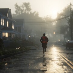 Lone Runner in Misty Dawn, Post-Storm Street Scene