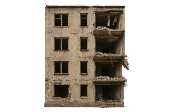 Crumbling facade of a ruined building with transparent background, symbolizing destruction, war, poverty, and urban decay