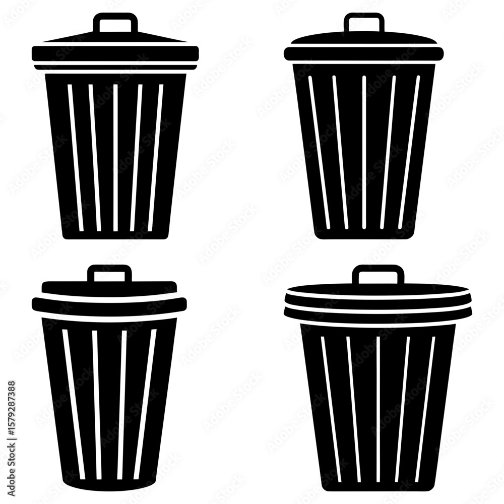 Poster four black and white trash cans with lids in a grid pattern on a white background in vector format