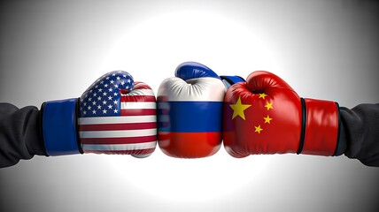 Boxing gloves of usa russia and china symbolizing global tension