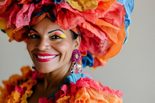 Close up portrait of a smiling Cuban comparsa dancer wearing a large, colorful headdress and costume