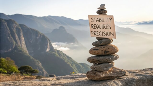 Balanced Stones with Inspirational Quote in Scenic Mountain Landscape