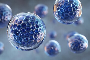 Translucent blue spheres, hexagonal patterned surfaces, floating in a hazy gray background, depth of field effect showcasing intricate detail