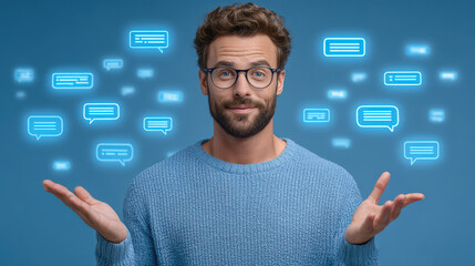 Creative ai workflow designer engaged with hologram speech bubbles studio setting inspirational mood