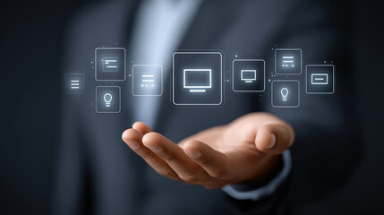 Ai workflow innovating creative hologram sorting of floating icons in digital business environment