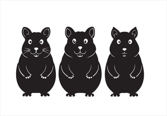 Fototapeta premium Three Cute Hamsters: Three adorable cartoon hamsters, each with a unique expression, stand side-by-side. The simple black-and-white design is perfect for children's books, websites.