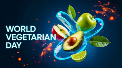 World vegetarian day concept with glowing fruits and modern energy design

