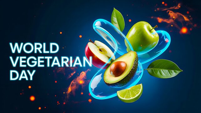 World vegetarian day concept with glowing fruits and modern energy design

