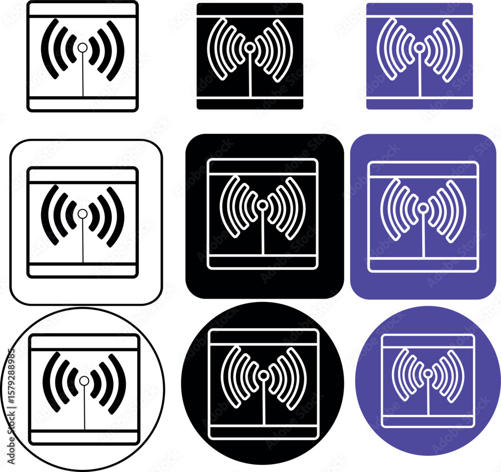 Poster a collection of nine wifi signal icons in various shapes colors and styles arranged in a grid patter