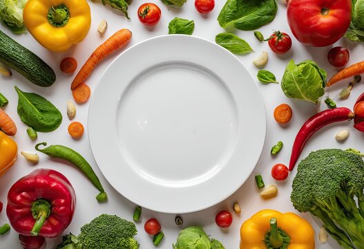 A pristine white plate encircled by vibrant, fresh vegetables including bell peppers, carrots, cherry tomatoes, broccoli, spinach, and chili peppers on a white background