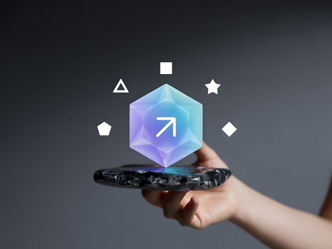 Glowing Hexagonal Prism with Arrow Symbol and Geometric Shapes technology futuristic - Powered by Adobe