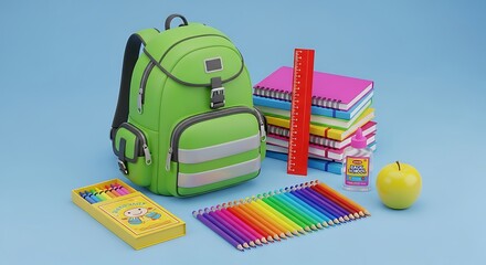 A vibrant green backpack and assorted school supplies arranged on a light blue surface, ready for education.