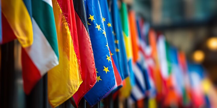 Row of International Flags Featuring European Union Banner at Global Conference with Blurred Background