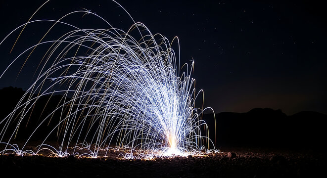Ephemeral Spark Capturing the Dance of Light in Steel Wool Photography Under a Night Sky - Powered by Adobe
