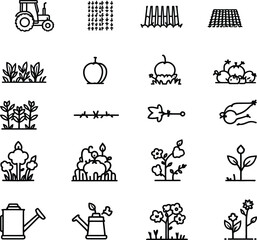 Agricultural Icons Grid  Monochrome Set Featuring Tractor, Fruit Trees, Crops, Tools, Fences, and Watering Cans in Farming & Gardening Motifs