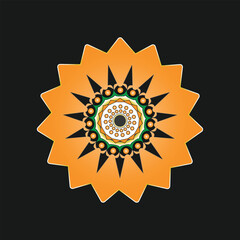 Abstract geometric mandala with orange and black elements on dark background