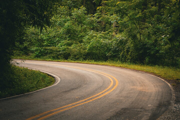 close-up of a curved and winding mountain pass road, surrounded by dense forest. beautiful nature and transportation background