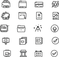 Office Interaction Icons  Monochrome Grid Featuring Printers, Folders, Diagrams, Charts, Headsets, Calendars, and Support Symbols for Workflows