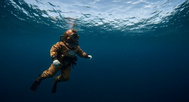 Underwater Exploration: A Vintage Diver's Descent into the Deep Blue - Powered by Adobe