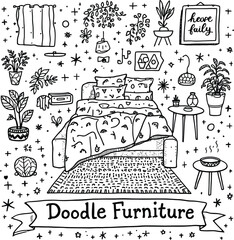 Cozy Bedroom Doodle  Black and White Illustration Featuring Bed, Lamp, Plants, Curtain, Framed Quote, and Decor in Whimsical Interior