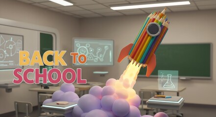 Back to School Rocket Launch: Creative 3D Render of Pencil Rocket Blasting Off in Classroom - Symbolizing New Beginnings, Innovation, and Learning Adventures