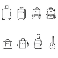 Travel & Carry Grid  Monochrome Icon Set Featuring Suitcases, Backpacks, Duffel Bags, Handbags, Guitar Case, and Guitar for Lifestyle Mobilit