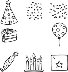 Party Essentials Grid  Monochrome Icons Featuring Confetti, Cake Slice, Balloons, Candles, Star Hat, and Popper for Celebratory Themes