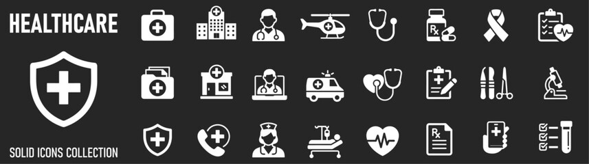 Fototapeta premium Healthcare Icon Set. Features editable icons for medical, doctor, hospital, clinic, healthcare, medicine, and more. Perfect for medical, healthcare, and pharmaceutical designs.