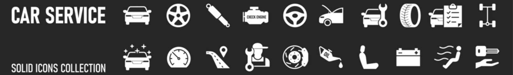 Car service icon set with black stroke and white background. Auto service, car repair icon set. Car service and garage.