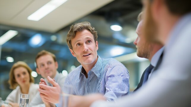 A collaborative business meeting discussing work-related topics and engaging in a productive discussion. The individuals are immersed in the ongoing conversation