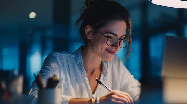 Dedicated Professional: A focused professional, illuminated by the glow of the workspace. she is writing with a smile. 