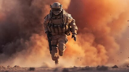 Courage Under Fire: A resolute soldier, clad in battle gear, fearlessly charges through a raging storm of smoke and debris. Evoking the spirit of valor in the midst of intense conflict.