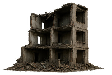 Decaying concrete structure symbolizing urban deterioration, rendered with transparent backdrop for seamless design integration